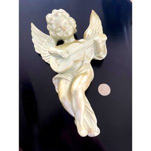 Hand Painted Andrea White Ceramic Cherub W/Guitar Wall Sculpture Plaque